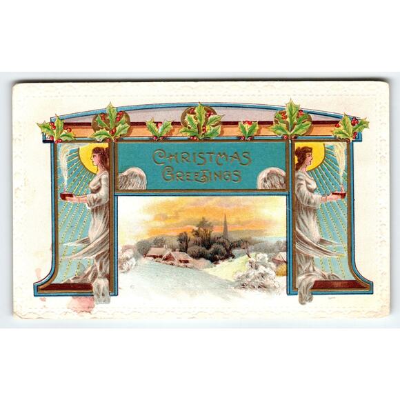 Vintage 1910 Divided Back Christmas Greetings Postcard with Angel & Snow Scene - Picture 1 of 2